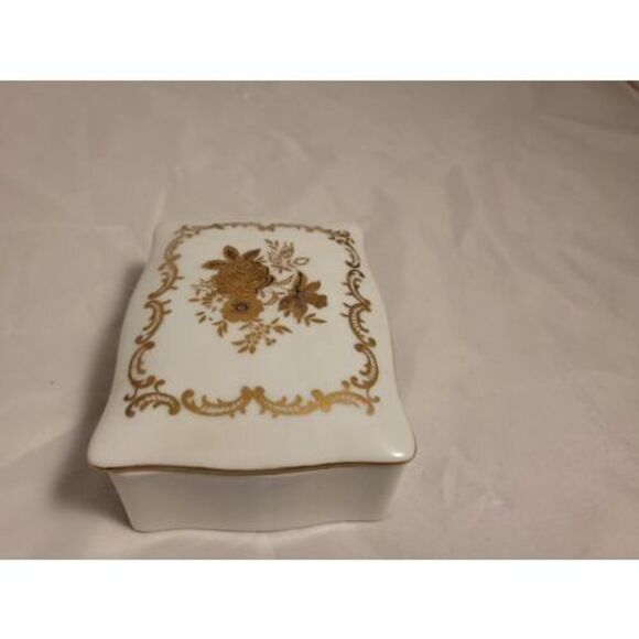Lefton Porcelain Trinket Box With Gold Leaf Flowers  Pattern 923 with Markings - Picture 5 of 11